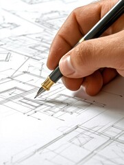 Hand Drawing Architectural Plan with Pen on Paper Close-up View