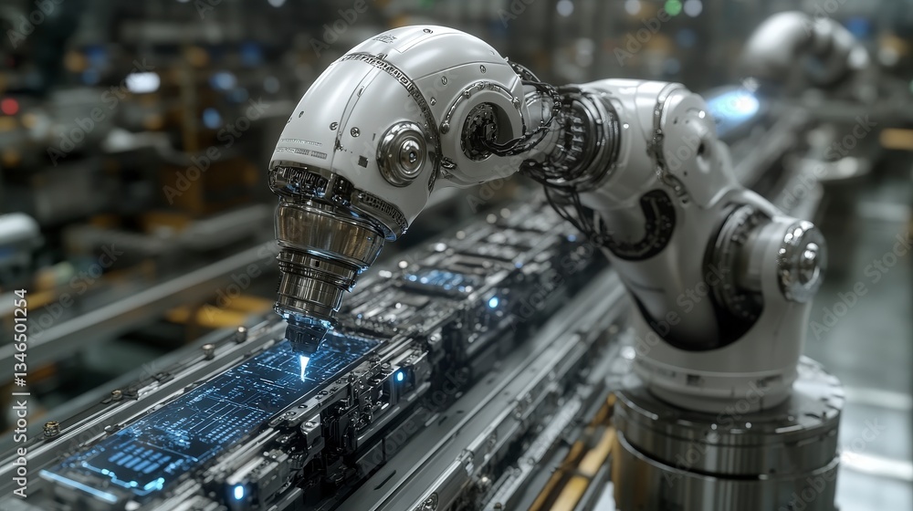 Poster precision robotic arm working on microchip assembly