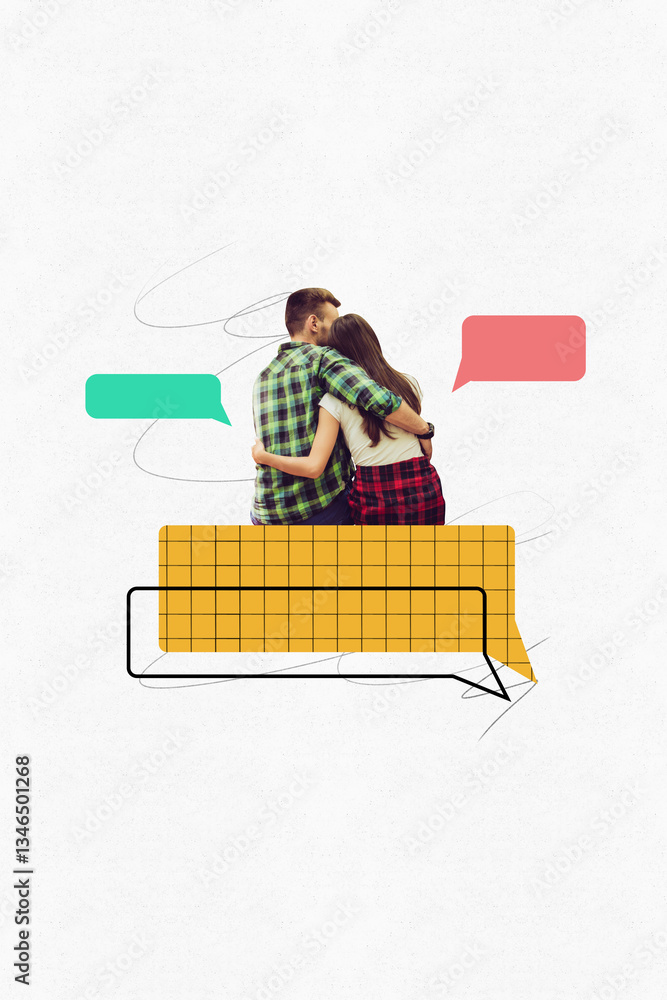 Poster 3d vertical image artwork collage of two girl guy hug together date cloud speech message notificatio