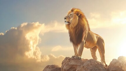 Majestic Lion Standing Proudly on Rock Against Sunset Sky