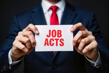 Businessman Holding "JOB ACTS" Card &ndash; Professional Job Recruitment Concept for Career Fairs and Employment Campaigns  