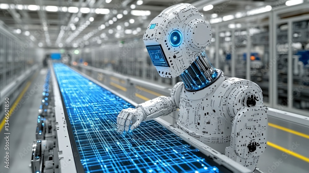Poster futuristic android reviewing digital data streamlines