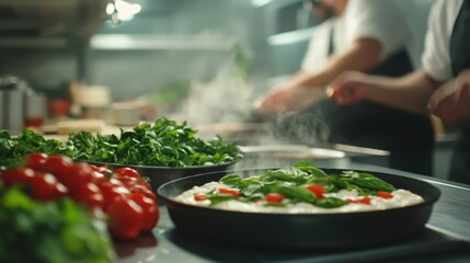 A multiracial group of chefs preparing a fusion meal in a sleek restaurant kitchen, surrounded by vibrant ingredients,