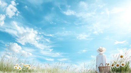 Obraz premium Spring nature action woman with basket in flower field under blue sky