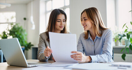 Financial Advisor Explaining Insurance Policy Document – Women Team Collaboration for Business and Insurance Renewal Meetings