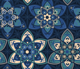 boho moroccan mediterranean star flowers tiles seamless pattern in muted  dusty blue cream beige navy  color palette, vector illustration repeat design print
