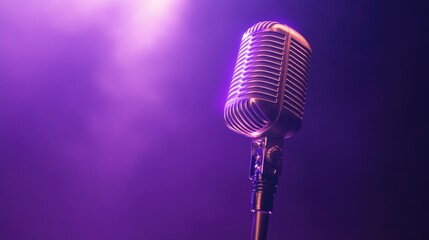 Podcasting microphone with soft LED lights, creating a futuristic glow against a purple backdrop.