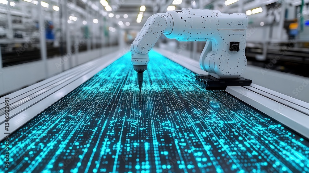 Poster robotic assembly line processing glowing digital data