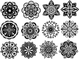 Black and white floral boho chic bohemian medallions mandalas tiles vector illustration design set