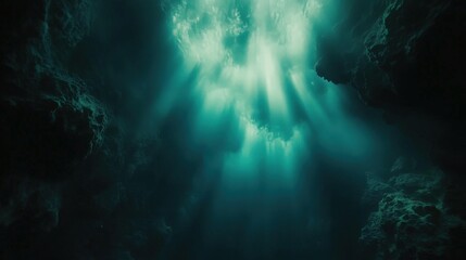 Obraz premium Mysterious underwater cave illuminated by ethereal teal light rays creating a dramatic scene