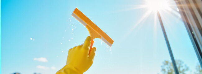Fototapeta premium Window Cleaner with Squeegee – Cleaning Glass Against Bright Blue Sky for Spring Cleaning Event Promotions 