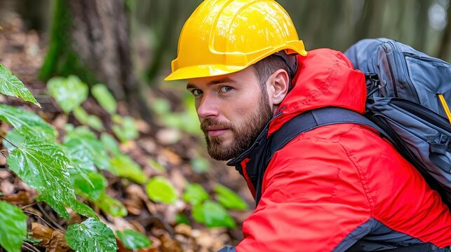 Man Wearing Yellow Hard Hat and Red Jacket Examining Green Foliage in a Forest