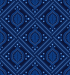 mediterranean ornate floral botanical diamonds tiles in blue and white on navy, vector illustration repeat design