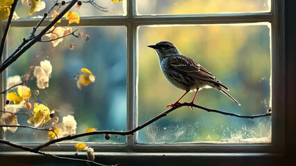 A bird perched on a tree branch outside a house window.
