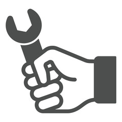 Hand with wrench tool solid icon, car service concept. Vector graphics. Wrench, repair tool in hand sign on white background, glyph style icon for mobile or web design.