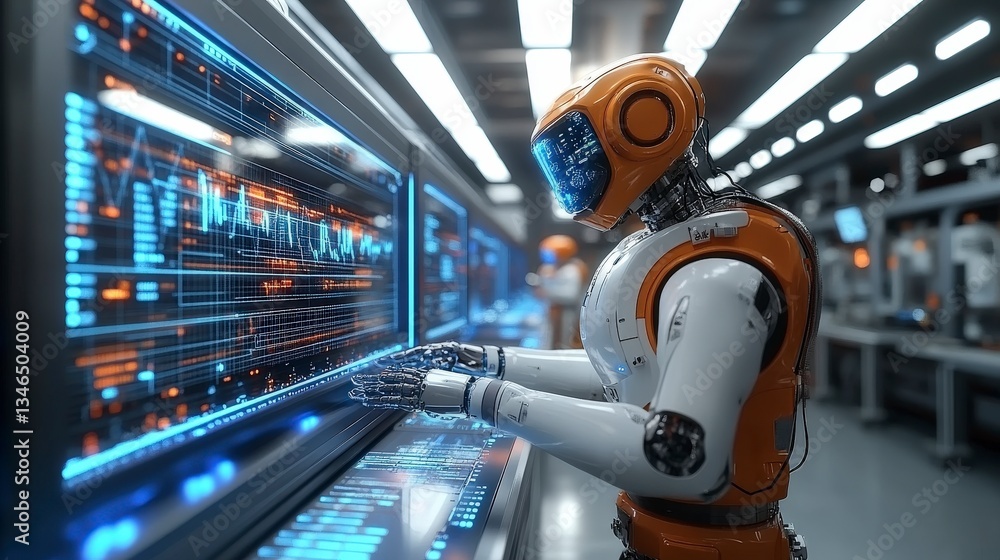 Poster orange robot interacting with data on digital screen