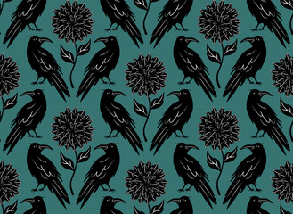 raven and dahlia flowers boho seamless pattern, vector illustration repeat design