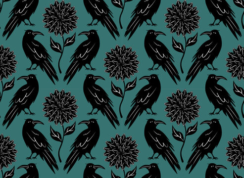 raven and dahlia flowers boho seamless pattern, vector illustration repeat design