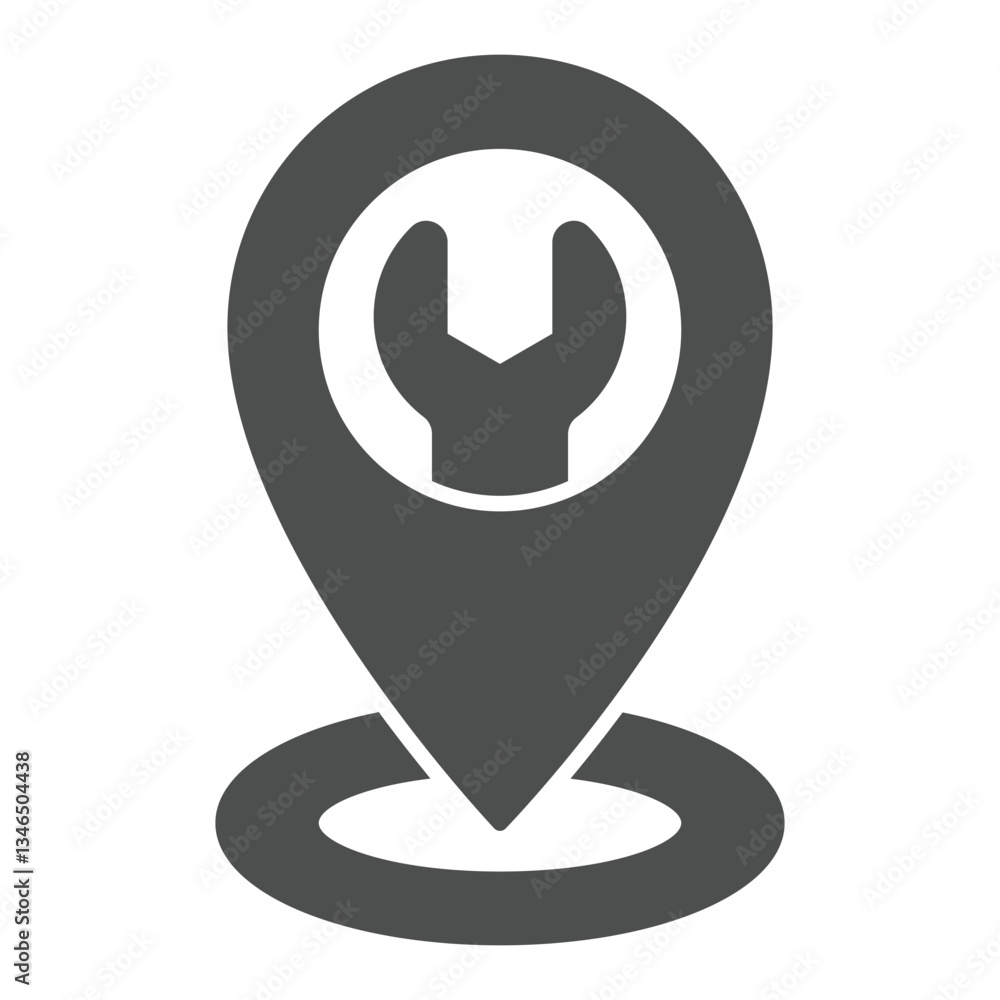 Poster location map pin with wrench solid icon, car service concept. vector graphics. wrench tool geo navig