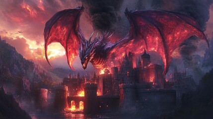 Fototapeta premium A dark crimson dragon unleashes mystical flames, destroying an ancient castle in a beautiful digital artwork.