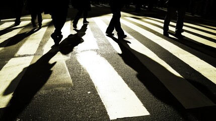 Silhouettes of hurried pedestrians contrast against bold white stripes of a crosswalk in midday sun.