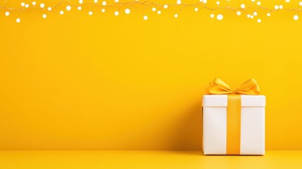 Festive golden gift box with bow on vibrant yellow background for celebrations and gifting inspiration