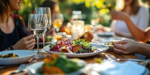 Group of cheerful friends having fun at garden party. Eating dinner together by decorated table. Young people having a get together on summer evening.