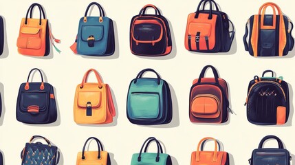 School bag seamless pattern. Texture background with school backpack, education theme. Back to school, wallpaper template. flat vector illustration