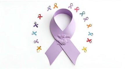 Obraz premium Purple Awareness Ribbon with Clasping Hands Surrounded by Colorful Ribbons on White Background - Symbol of Support Hope Unity Charity Awareness Solidarity for Causes