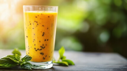 Refreshing Mango Smoothie with Basil Garnish in Natural Setting