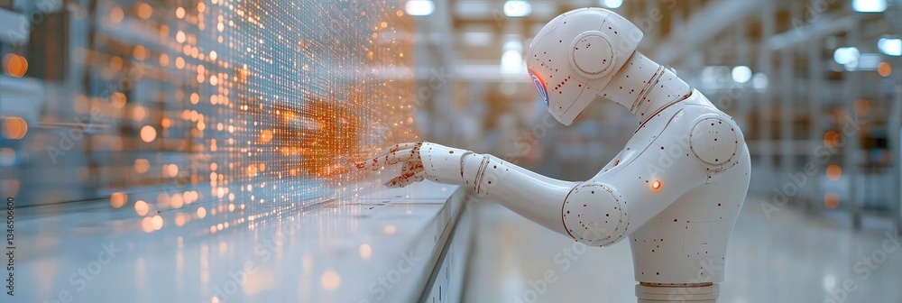 Poster futuristic robot interacting with glowing interface board