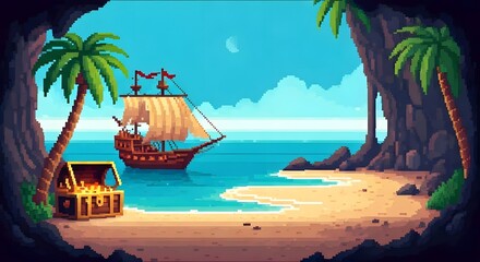Obraz premium A pixelated pirate cove with a hidden treasure chest, a ship docked on the beach, and palm trees, Ai Generated