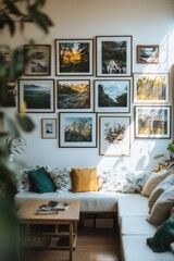 Stylish modern living room interior with many picture frames hanging on the wall above a sofa. Cozy living room arrangement with big window, soft blankets and pillows and house plants.