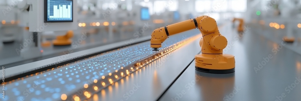 Poster yellow robotic arm assembling high-tech components in lab