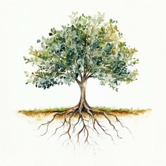 tree isolated on white, tree with roots, green, watercolor
