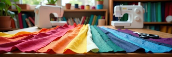 Vibrant fabric scraps, sewing machines, scissors, colorful workspace , scissors, eco-friendly