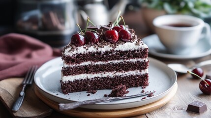 Black forest cake, Schwarzwald pie, cherry cake and chocolate with cup of tea. Vegan food, sugar, lactose and gluten free. Vertical orientation.