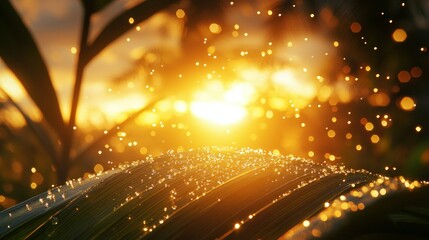 Obraz premium Dew-kissed leaf at sunset, glowing with golden light and bokeh effect