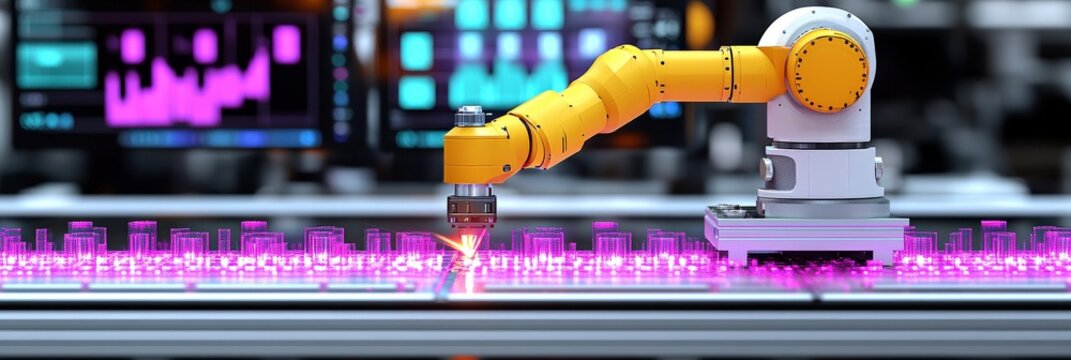 Yellow robotic arm working amidst digital graphics.