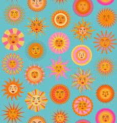  boho mandala medallion sol sun seamless pattern in warm pink yellow orange on aqua blue, bohemian chic celestial sunshine repeat design vector illustration