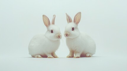 Obraz premium Two white baby rabbits facing each other on white background. Possible use Children's book illustration, greeting card, Easter