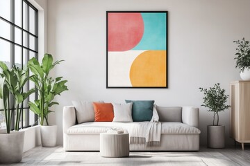 Stylish modern living room interior with colorful abstract painting on the wall. Cozy living room arrangement in bold colors.