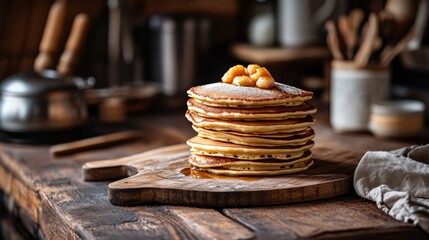 Folded and stuffed pancakes lie on a wooden board in the kitchen
