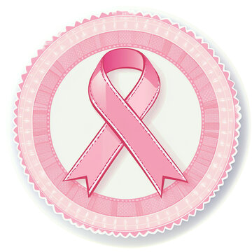 Pink ribbon, cancer awareness symbol, flat vector icon on a white background with a pink circle and white space for text. 