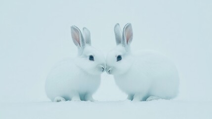 Obraz premium Two white rabbits nose to nose in snow. Possible use children's book cover or greeting card