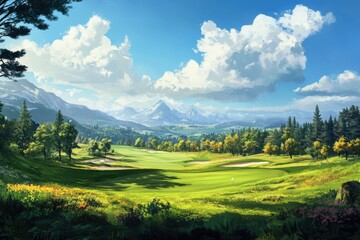 Obraz premium A picturesque golf course nestled in the serene countryside, surrounded by nature.