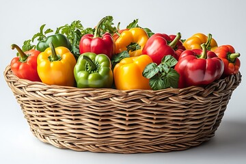 Colorful Bell Peppers in Wicker Basket Fresh Harvest, Healthy Food Photography
