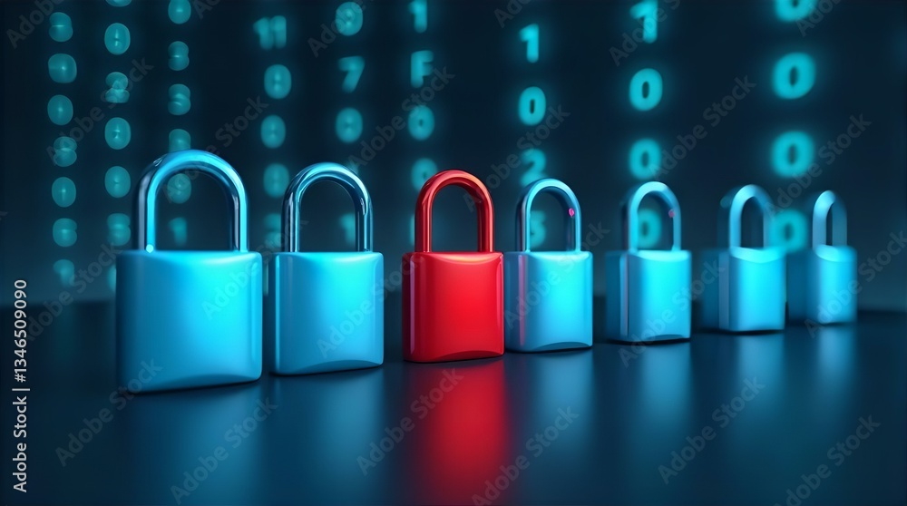 Aufkleber cybersecurity data protection striking red padlock row blue locks binary code image