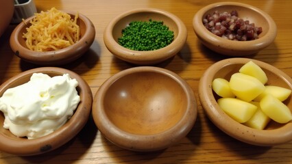 Mise-en-place For Raclette In Wooden Bowls