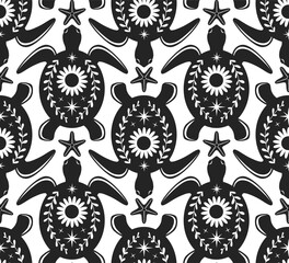 black and white coastal floral sea turtle seamless pattern, vector illustration repeat design